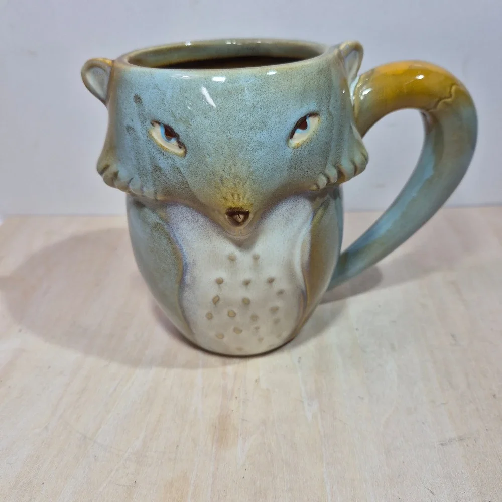 Pier 1 Imports Fox Mug‎ Blue Brown Reactive Glaze Stoneware Sculpted Animal Cup